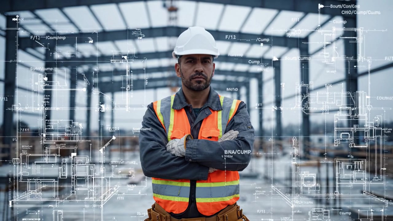 Bygningsarbejder overvåger projektets tegninger på en industriel byggeplads, fremviser sikkerhedsudstyr og professionel attitude midt i metalrammer