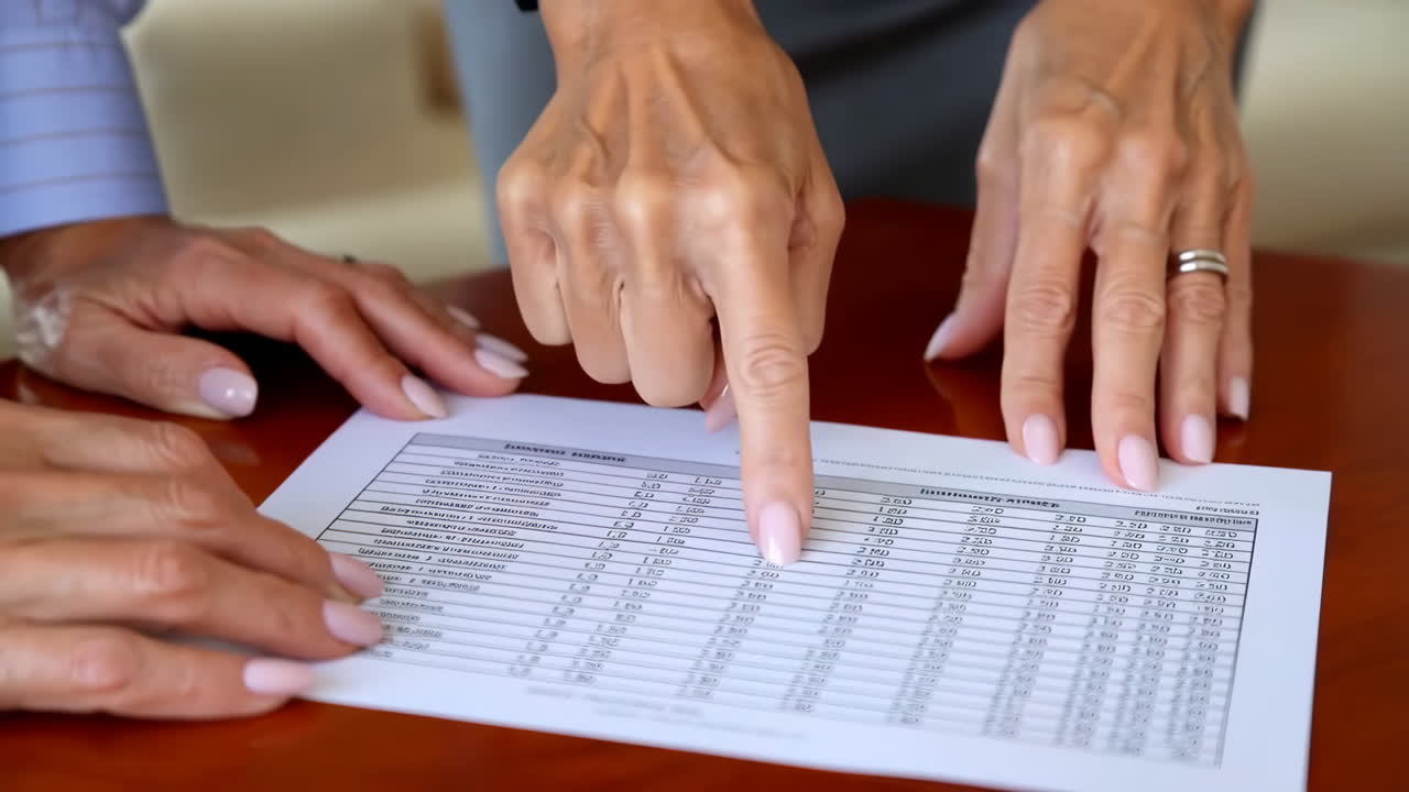 Hands pointing at data on a document