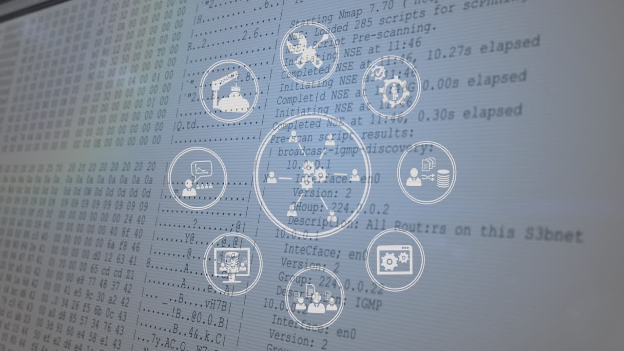animación de iconos digitales que giran sobre el procesamiento de datos contra un fondo gris