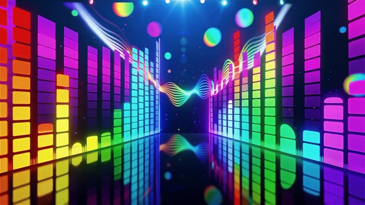 Futuristisk regnbuefarvet neon musik equalizer visualisering baggrund.