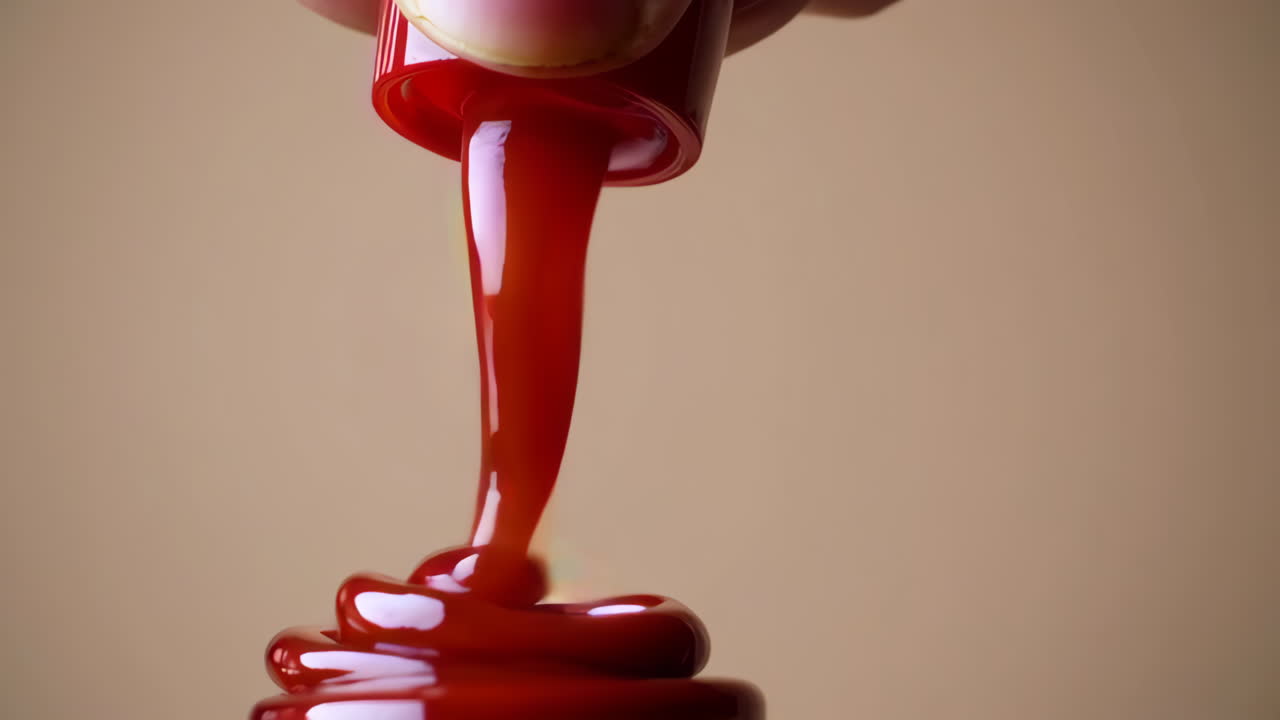 Hand pouring red sauce from bottle