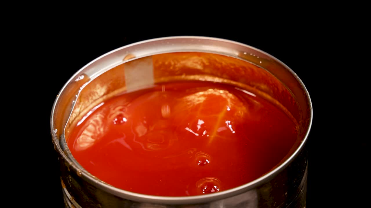 A whole tomato is dropped into an open can of tomato sauce, causing a splash. The scene is brightly lit with a black background and static overhead camera