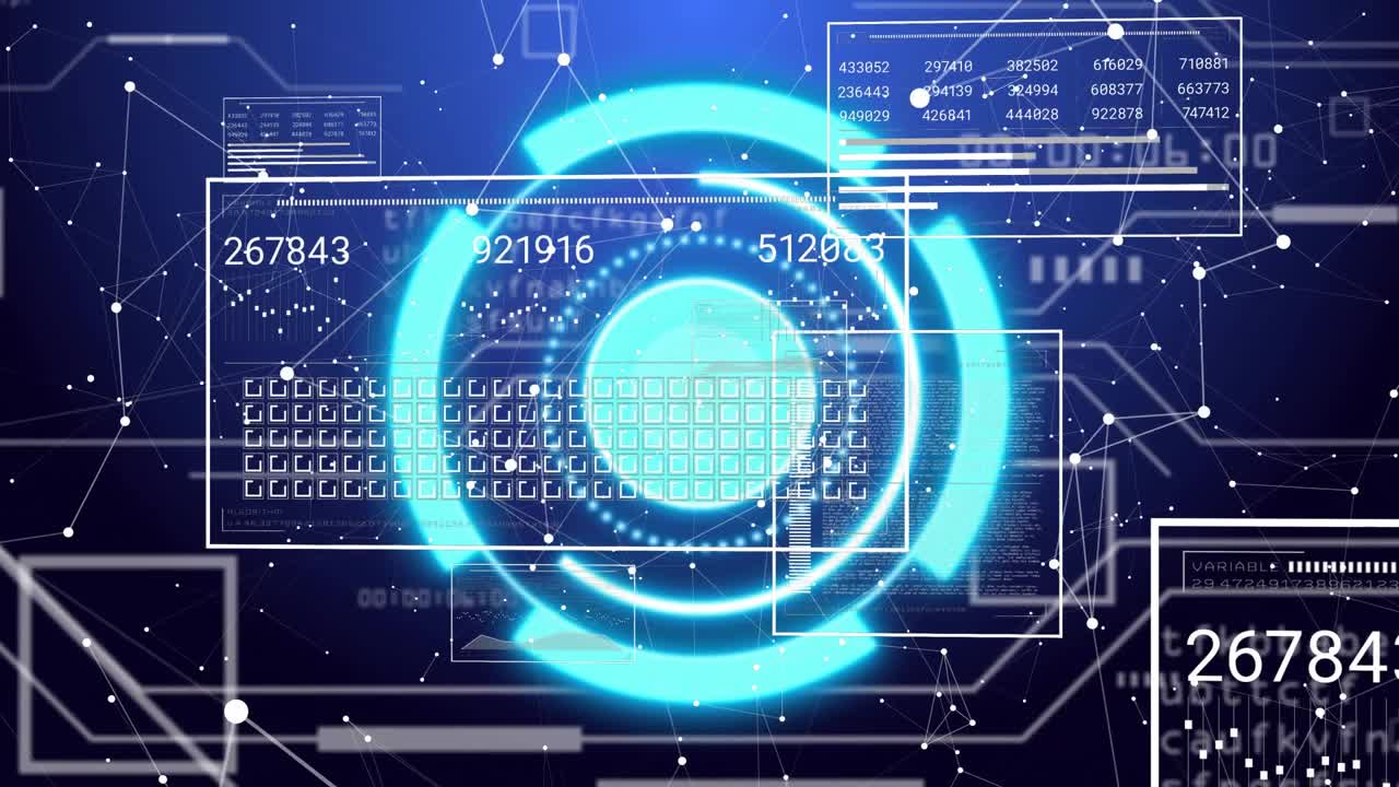 On start teal circle appearing on blue backdrop, rings splitting and rotating, data panels updating