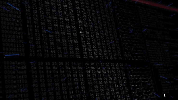 Opening starfield motion panel sliding, hex digits filling and blue streaking for data journey