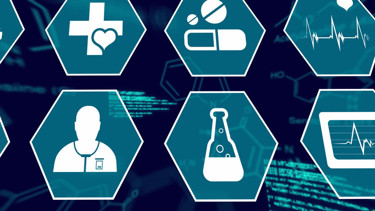 추상적인 배경 위에 아이콘, 컴퓨터 언어 및 분자 구조의 애니메이션