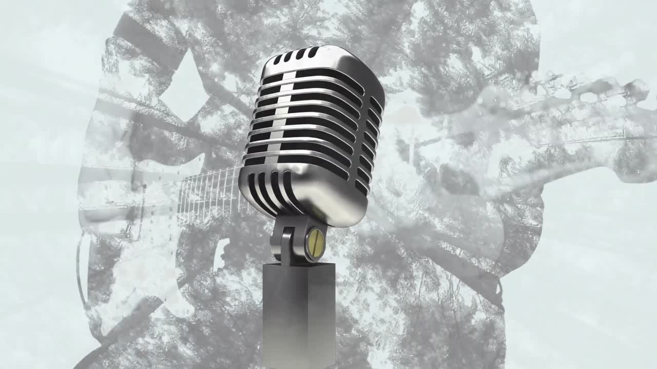 animación del micrófono sobre la silueta de un hombre caucásico tocando la guitarra y los árboles