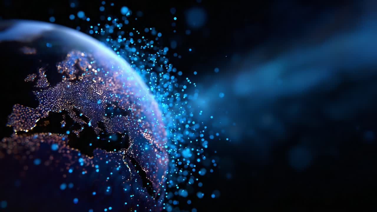 Dynamic Visualization of a Glowing Earth with Particle Effects and a Cosmic Background, Showcasing a Stunning Blend of Light and Energy in Motion