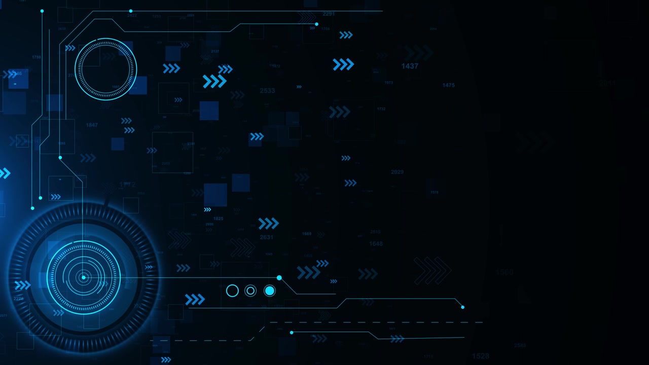 Blue futuristic hud data interface background glowing circular radar arrows numbers grids copy space