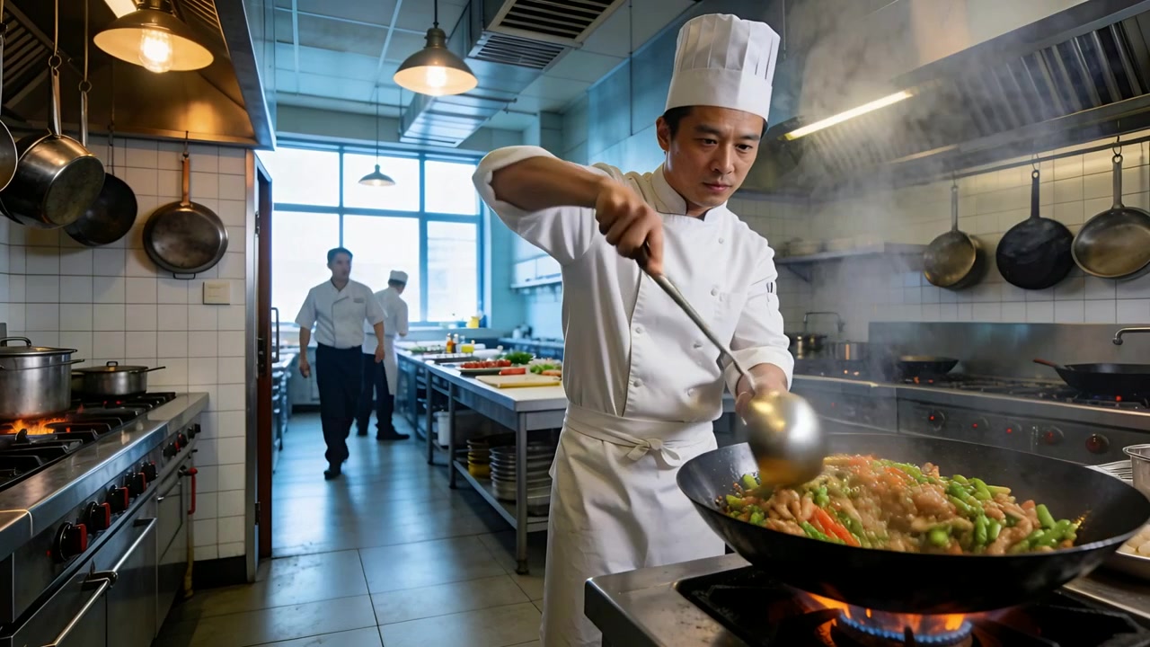 Chef in divisa che salta le verdure in cucina mentre la fiamma riscalda il wok per il servizio con un mestolo.