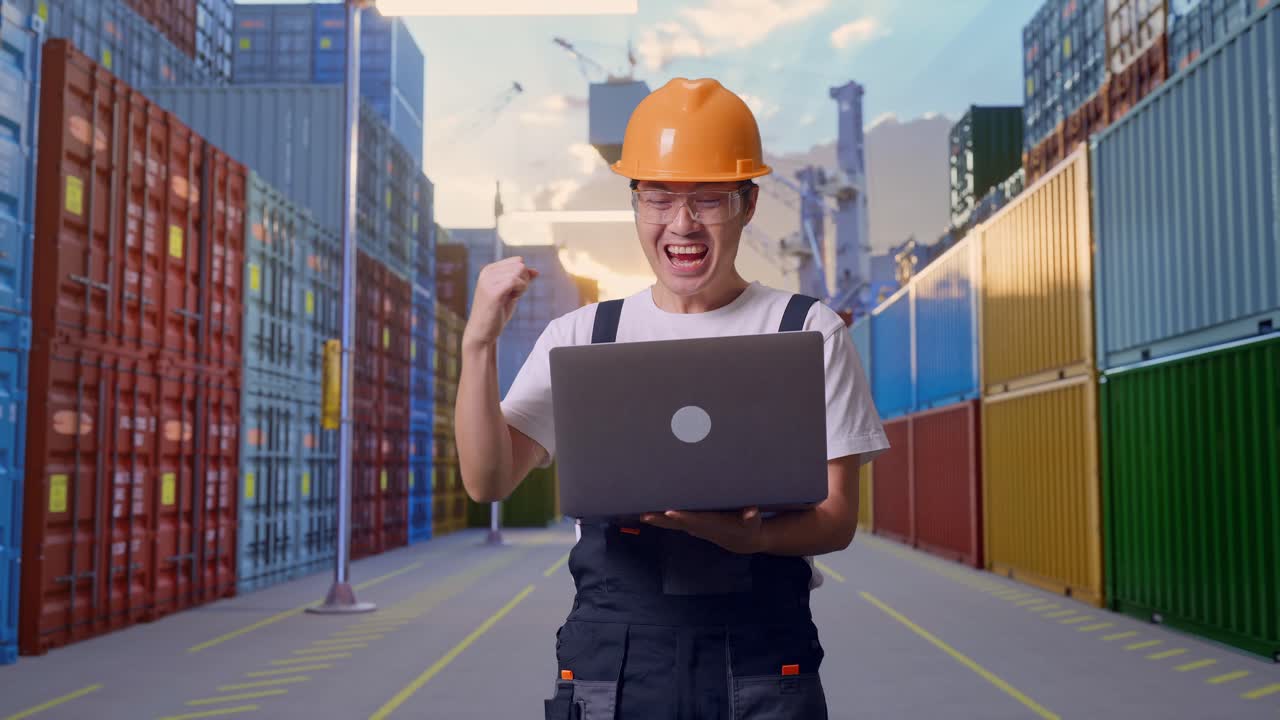 Asian Man Worker Wearing Goggles And Safety Helmet Looking At The Laptop Then Screaming Goal Celebrating While Standing At Container Yard Warehouse
