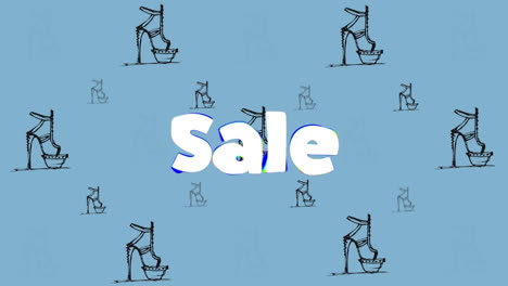 animación del texto de venta y los iconos de zapatos sobre fondo azul
