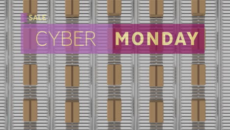 animación del texto de cyber monday sobre cajas de cartón en cintas transportadoras en el almacén