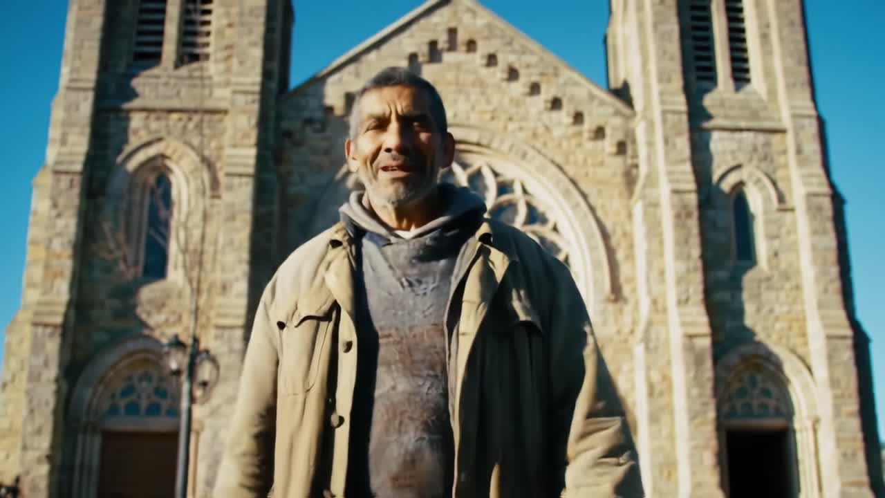A man wearing a hooded sweatshirt and winter jacket stands outside a historic stone church. He gazes upward, contemplating life while the sun shines brightly in the background.