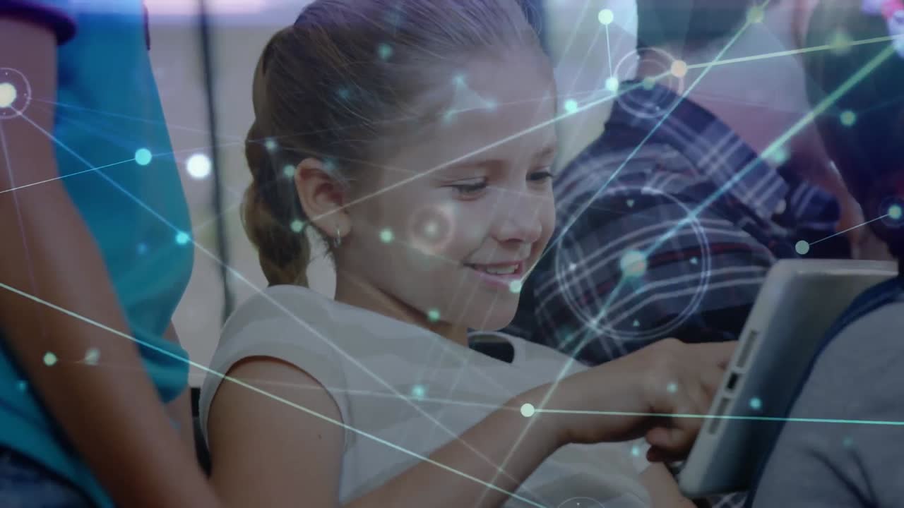 태블릿을 사용하는 다양한 학교 학생들을 위한 연결 네트워크의 애니메이션