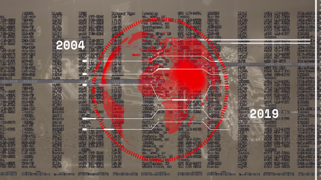 Red digital world map with data processing animation over text and numbers