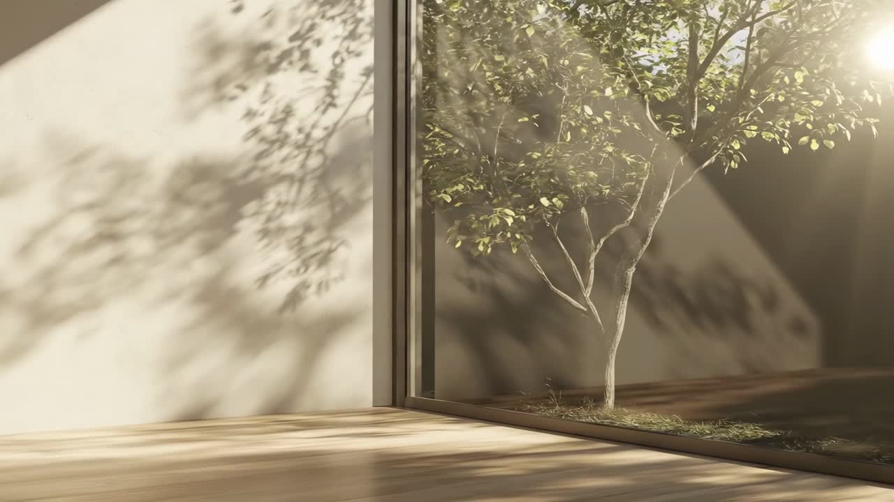 Minimalist video scene with sunlight casting tree shadows on a wall, shot from a low angle