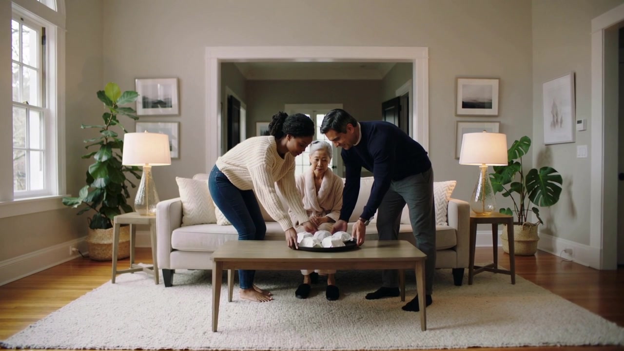 Bringing daughter and son placing covered tray in living room for mother, wearing sweaters