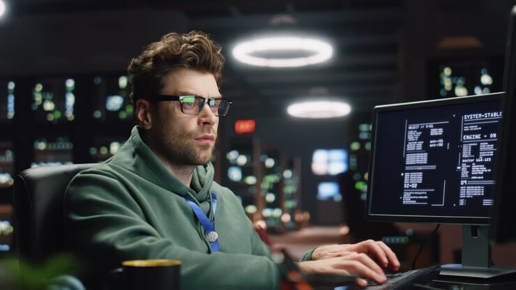 Software engineer looking monitors in monitoring office closeup. Analyst typing