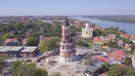 slow descending revealing shot of gardos tower in zemun old city