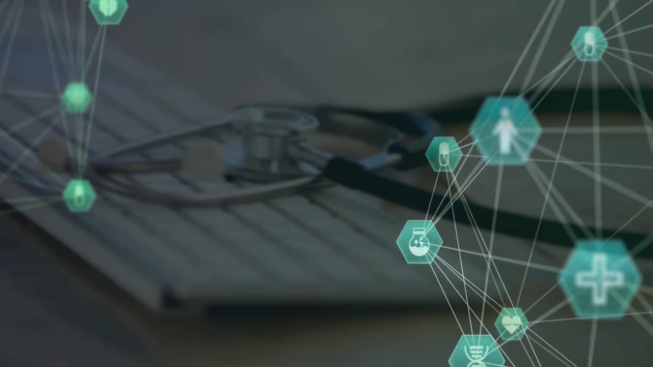 animación de redes de conexiones que giran sobre el estetoscopio en el teclado de la computadora