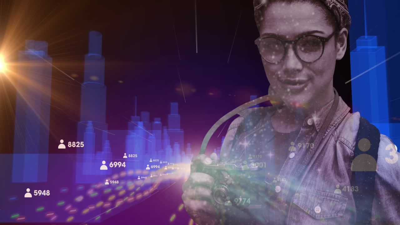 mujer con una cámara digital contra el modelo de ciudad en 3d y el procesamiento de datos