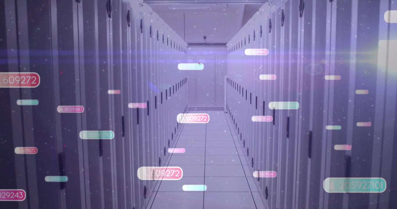 Animazione di elaborazione dati su rack di server in un moderno data center