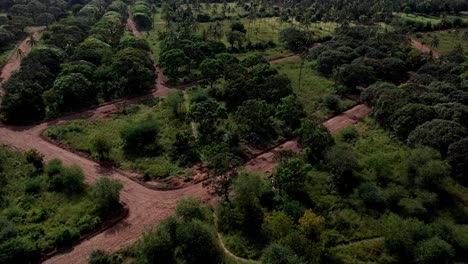 Vista-Aérea-Panorámica-De-Un-Paisaje-Tropical-Atravesado-Por-Caminos-De-Tierra-En-Kenia