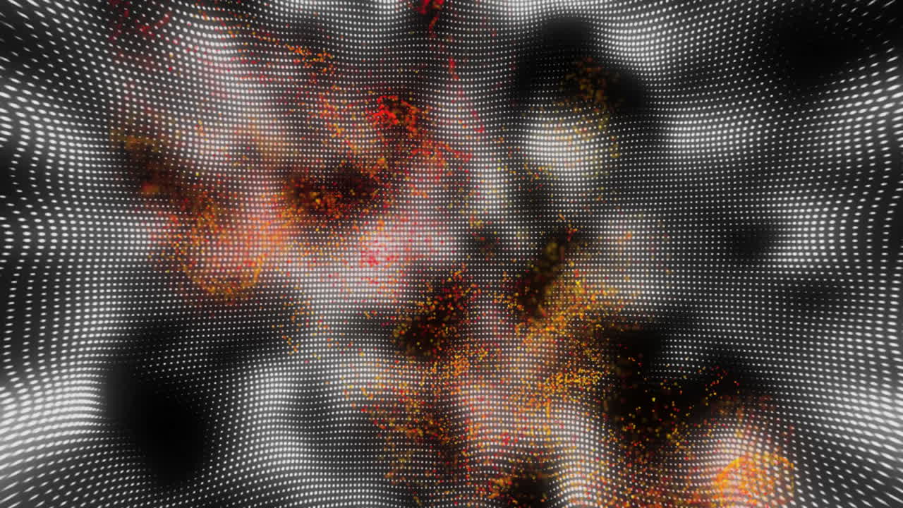 abstract wave surface being visualized in 3D render, with white dot grid and glowing particles