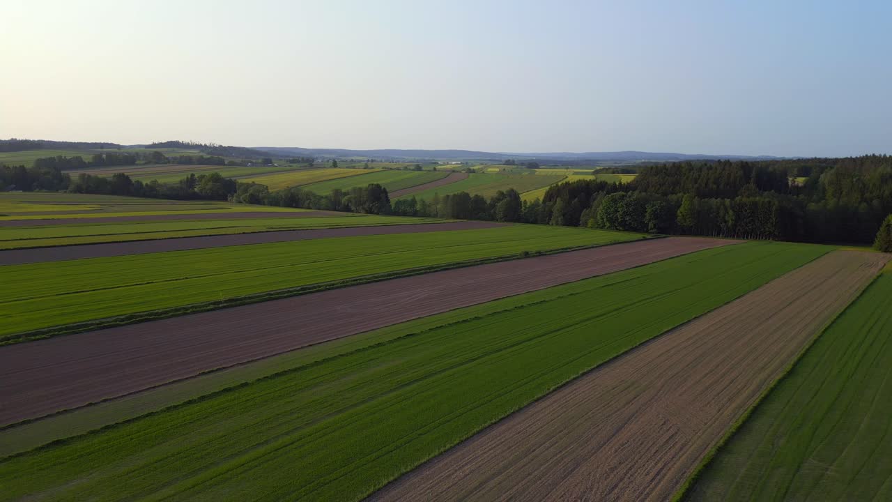 Fantastic aerial top view flight austria Europe field meadow road sunset summer 23