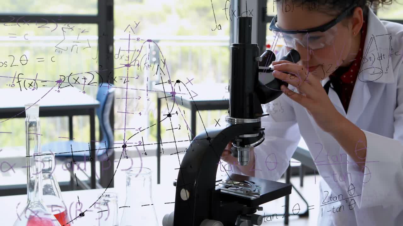 Animation of mathematical formulae over female using microscope