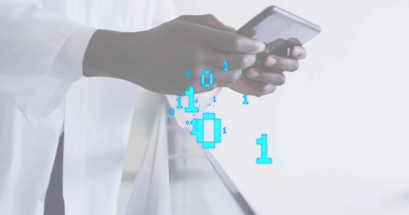 Medical doctor wearing stethoscope glancing at tablet swiping patient info with binary bits flowing