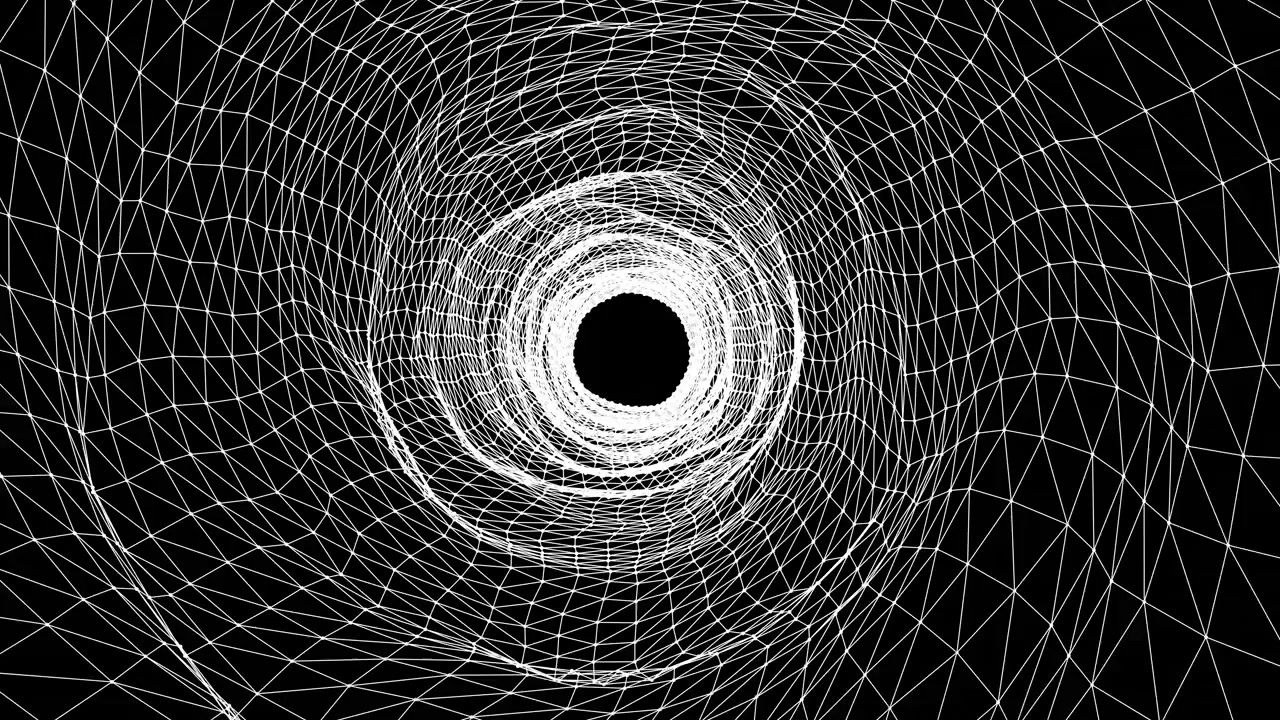 Tunnel digitale astratto con mesh a wireframe bianco
