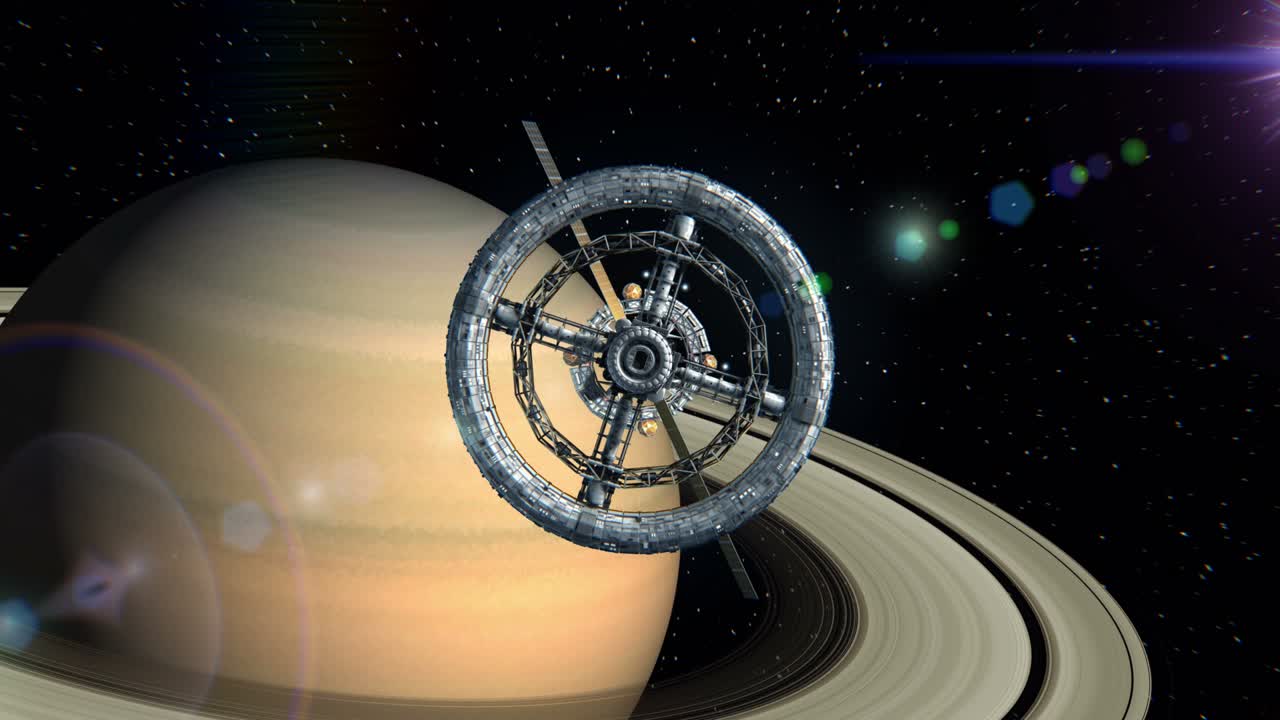 saturno en el fondo. vuelo a través de las puertas de la estación espacial de ciencia ficción, pantalla verde, animación 3d. la textura del planeta fue creada en el editor gráfico sin fotos y otras imágenes.