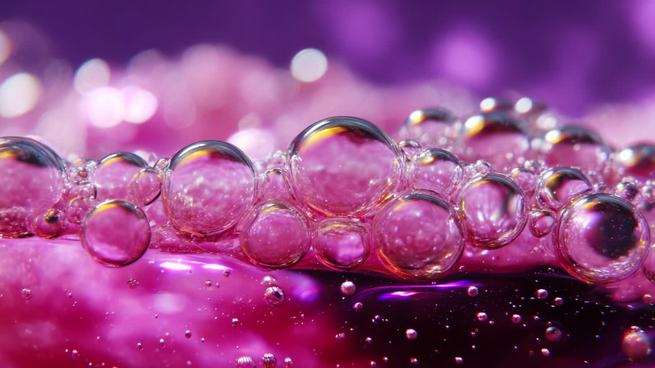 Captivating Close-Up of Floating Bubbles in Vivid Purple Liquid: An Enchanting Dance of Light and Texture Captured in Stunning Detail within the World of Macro Photography