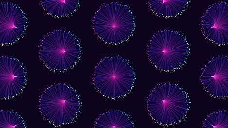 Illusion neon circles pattern in rows with neon dots on dark gradient