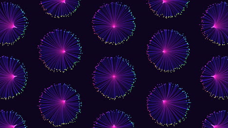 illusion neon circles pattern in rows with neon dots on dark gradient