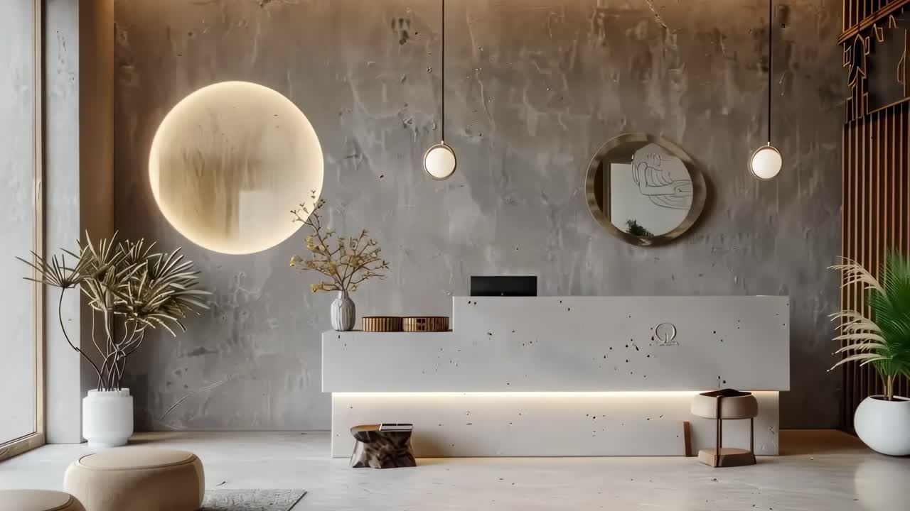 Modern reception area with minimalist decor, concrete walls, and warm lighting