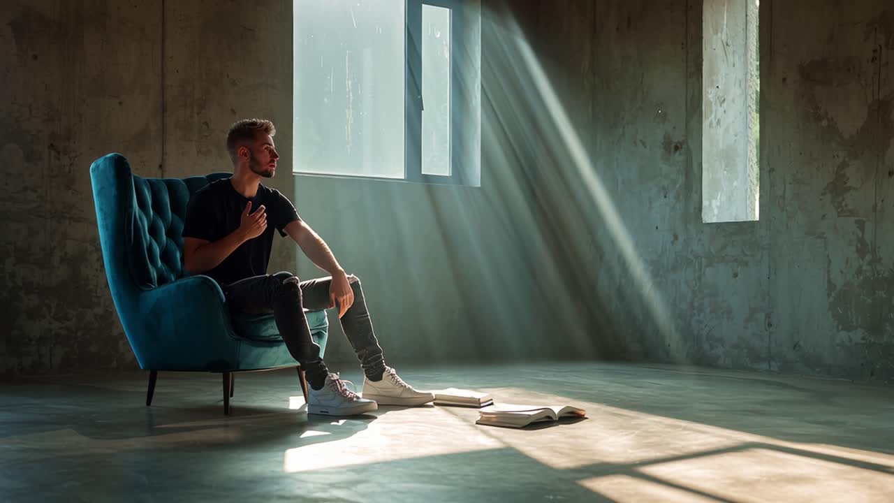 A Moment of Reflection: A Man Sits Alone in a Dimly Lit Room Contemplating Life Choices While Rays of Light Filter Through Windows, Surrounding Him in Solitude and Thoughtfulness