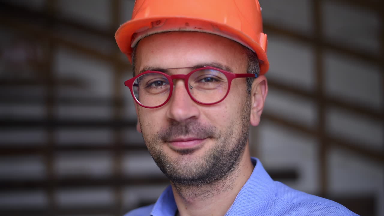 A site manager wearing an orange safety helmet smiling on a construction site