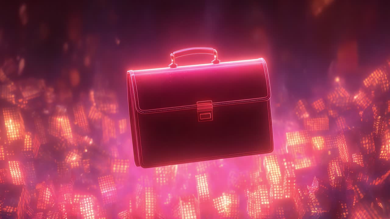 Glowing neon pink briefcase representing corporate success and business opportunities floating slowly above a bustling futuristic metropolis with illuminated skyscrapers at night