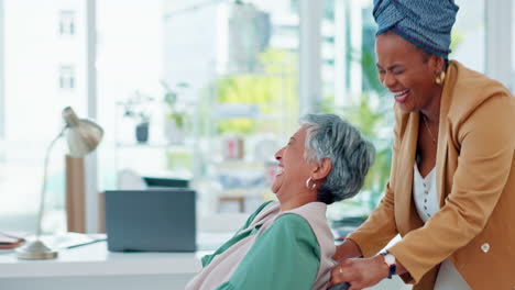 push, happy or employees in a chair in office