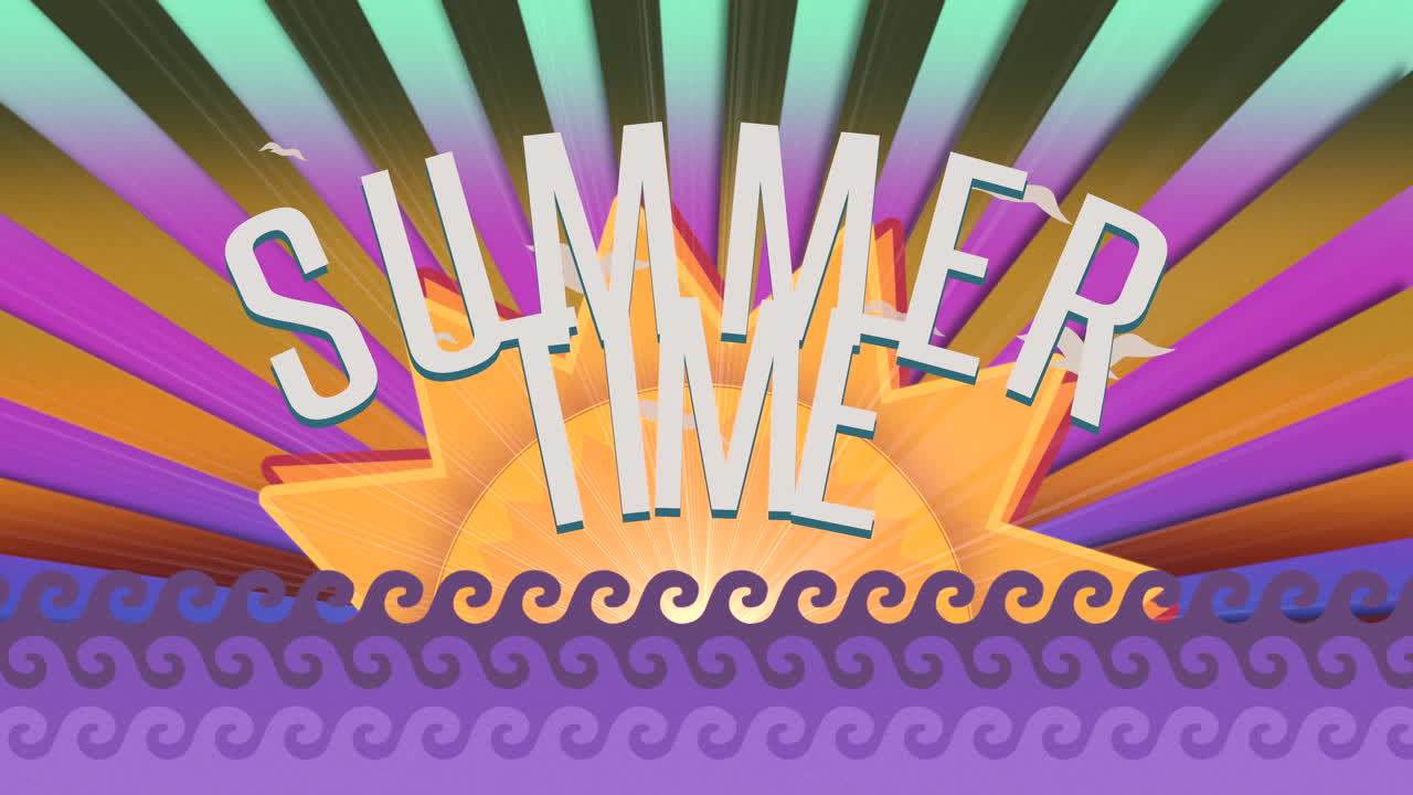 horario de verano con pájaros voladores y rayos de sol en las olas del océano