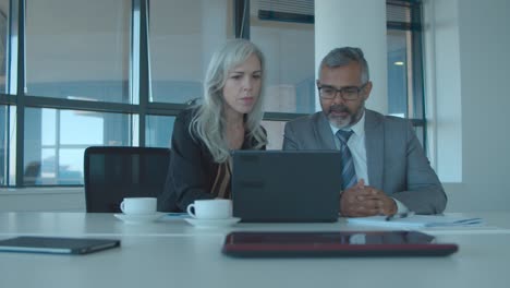 serious business colleagues watching content on laptop