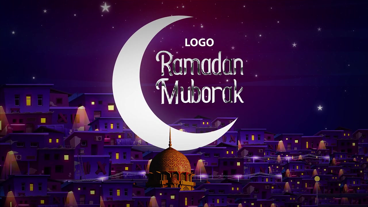 Animazione di auguri Ramadan Mubarak con luna crescente e moschea