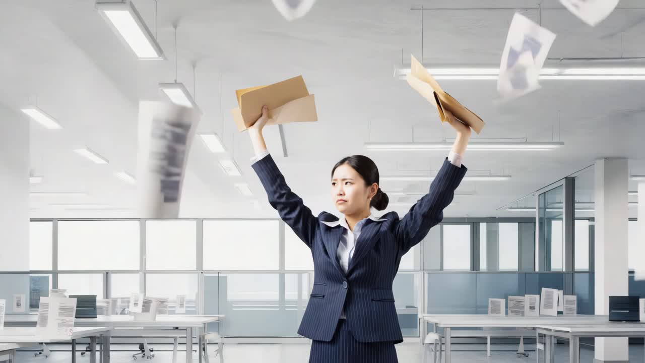 Frustrated businesswoman in office throwing paperwork in the air