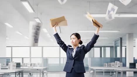 frustrated businesswoman in office throwing paperwork in the air
