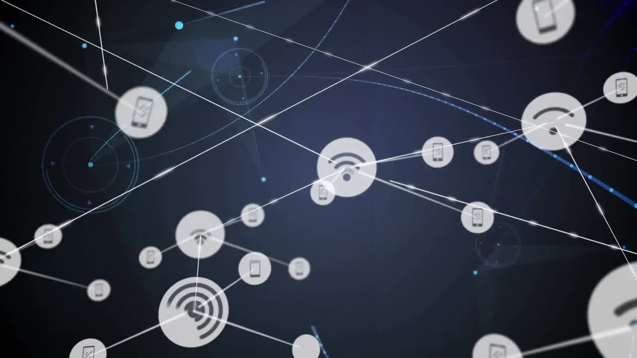 animación de redes de conexiones con iconos sobre fondo negro