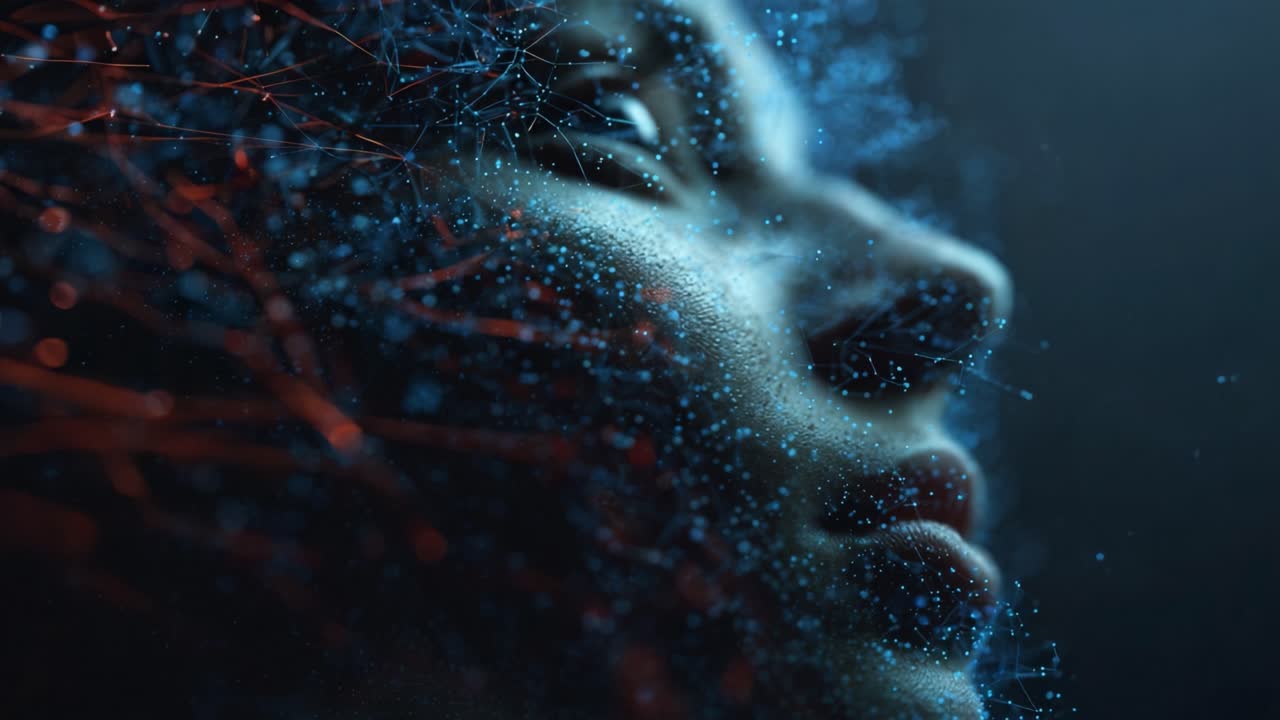 Futuristic profile of a person's face merging with glowing blue particles and orange neural network connections, representing the fusion of humanity with artificial intelligence and digital data