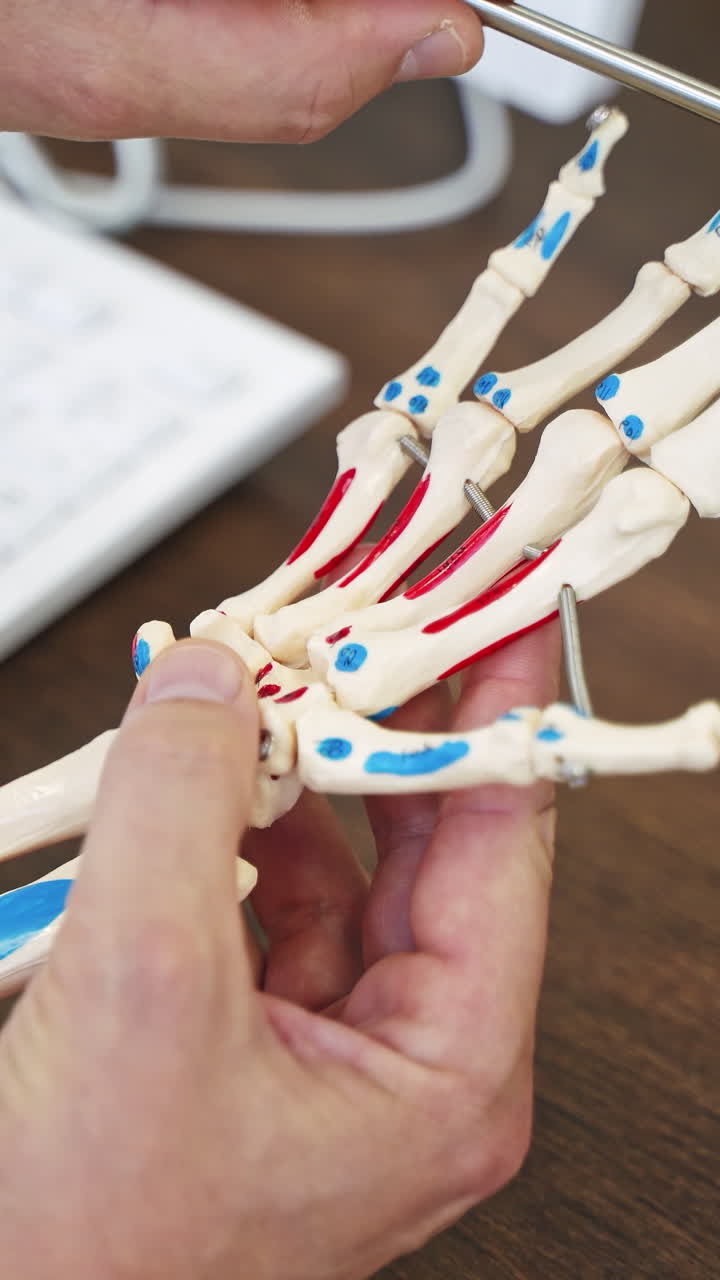 Medical doctor pointing on model. Close up of doctor in his office with model of hand. Vertical video