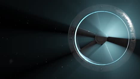 a large fan onside of the screen with volumetric light beams passing through the fan inside the dark room with dust particles floating around, 3d animation